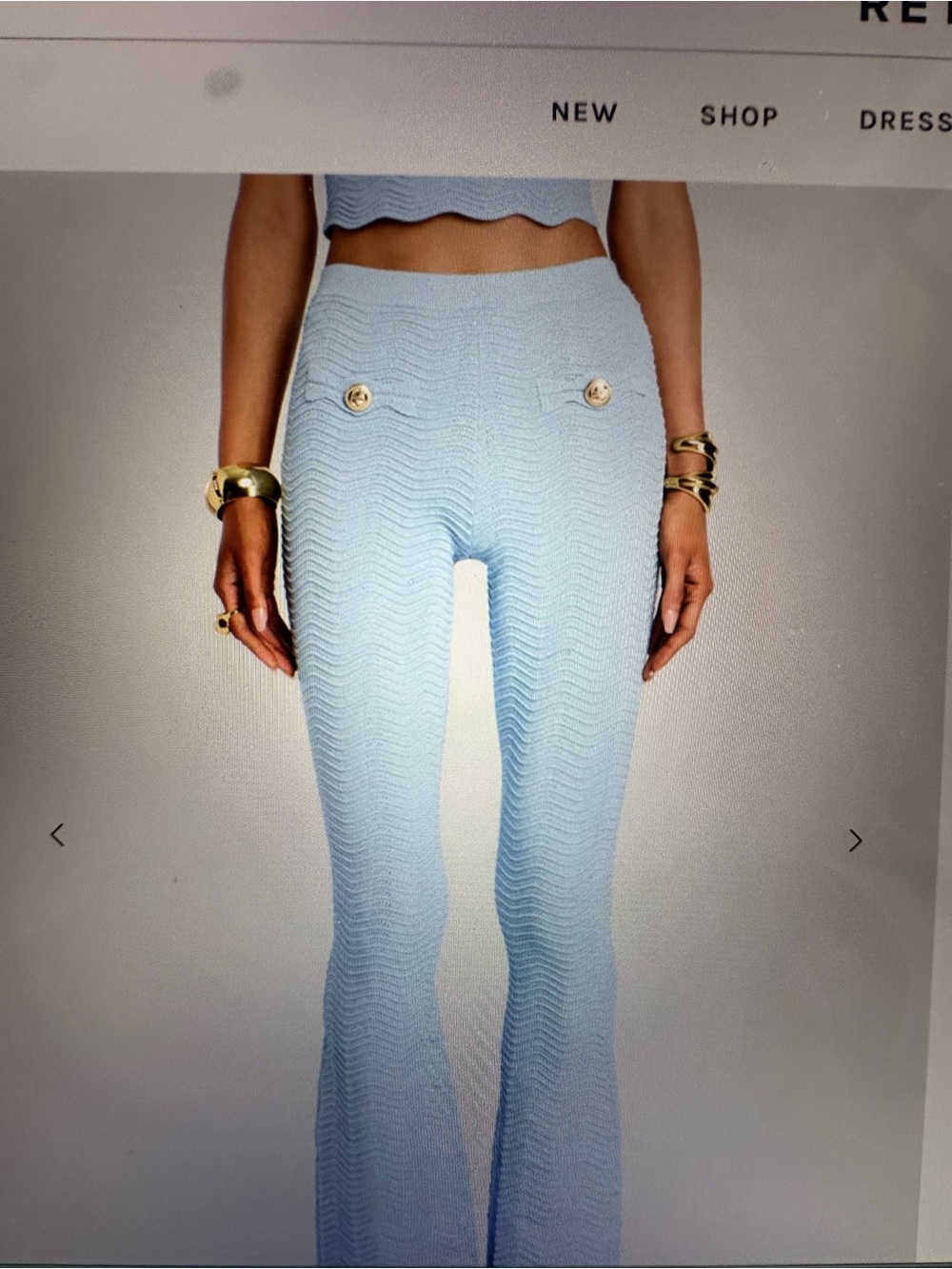 Retrofete Sky Blue Knit Flare Pants with Gold Buttons